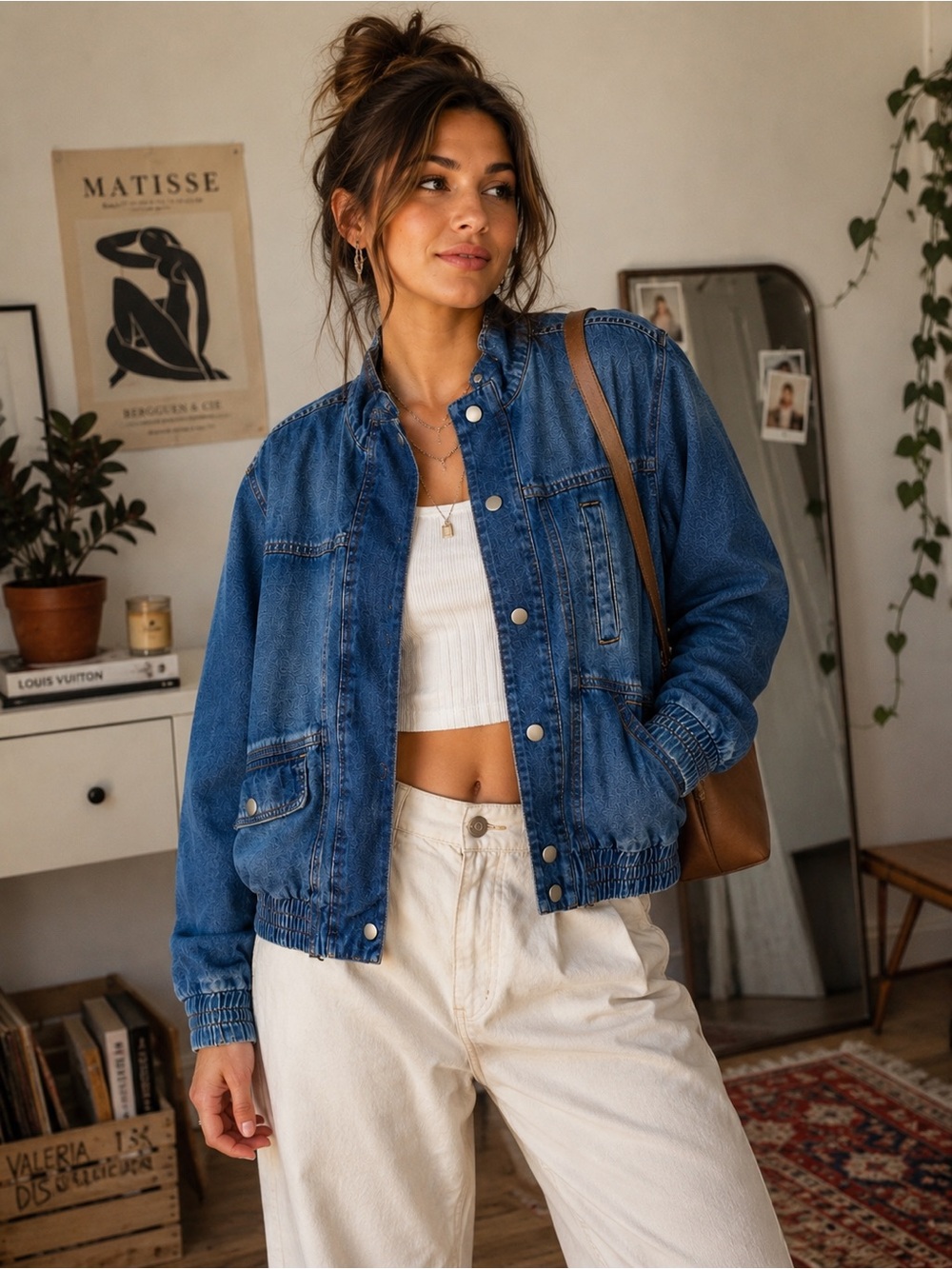 And Now This Classic Cotton Medium WashBlue Denim Jean Bomber Jacket Size Large